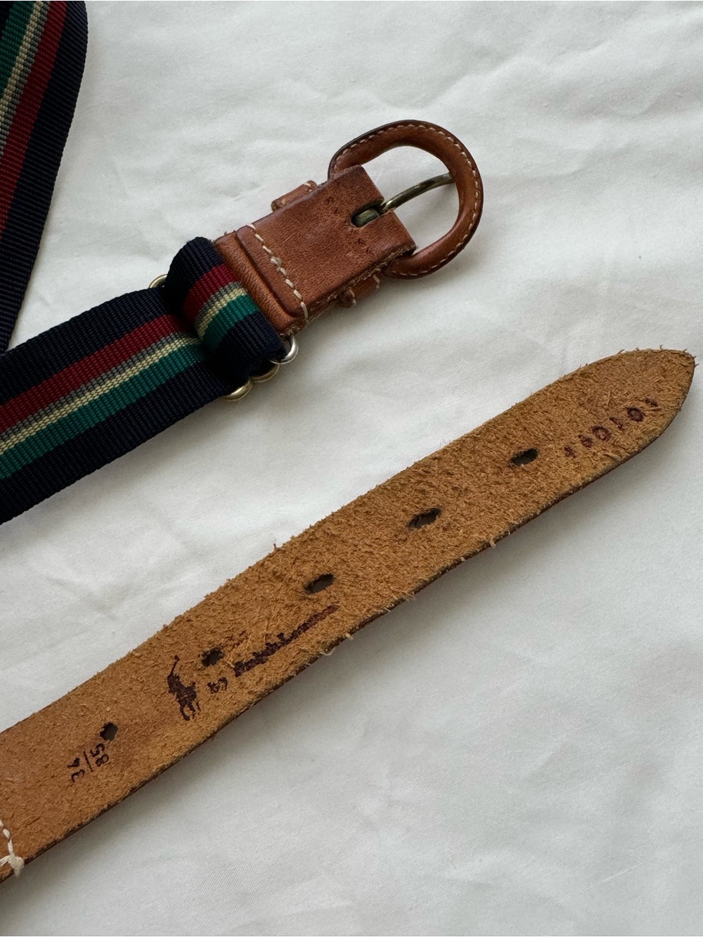Polo Ralph Lauren Striped Stretch Belt Brown Leather Trim Size 34/85